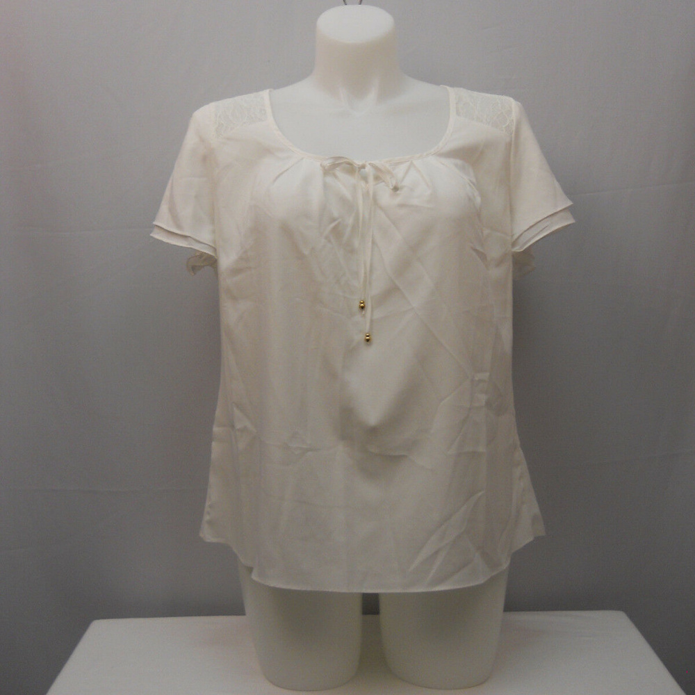 Spense Womens Sheer Top Lace-Yoke Pullover Short-Sleeve Solid Ivory Size XL NWOT